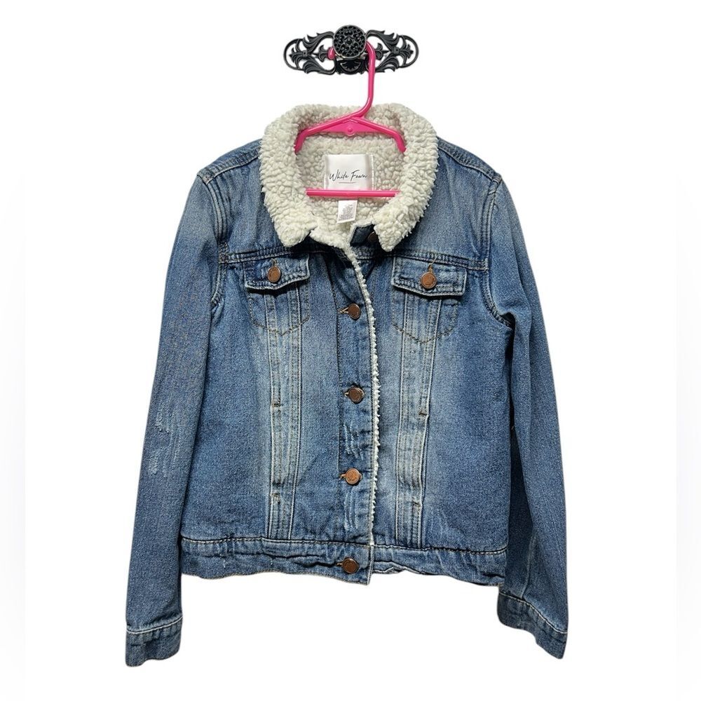 White Fawn denim jean barn jacket Sherpa lined big girls size large